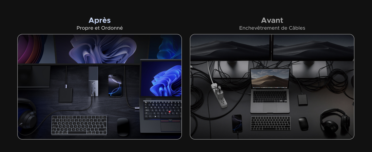 Le texte se lit comme suit : « Après » et « Avant ». Comparaison avant-après de la configuration de jeu, montrant la disposition du bureau avec clavier et accessoires, éclairée par un éclairage ambiant bleu.