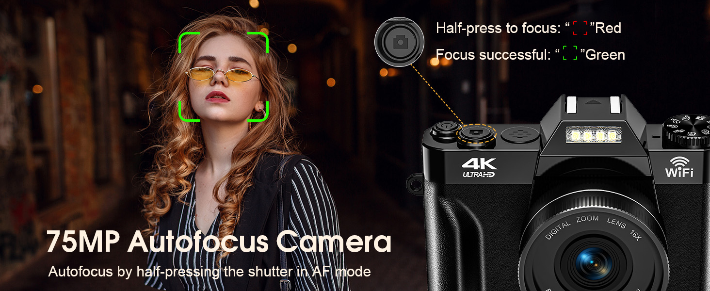 Der Text lautet „75MP Autofokus-Kamera“. Dunkles Werbebild, das die Kameraspezifikationen mit technischen Benutzeroberflächenelementen zeigt.