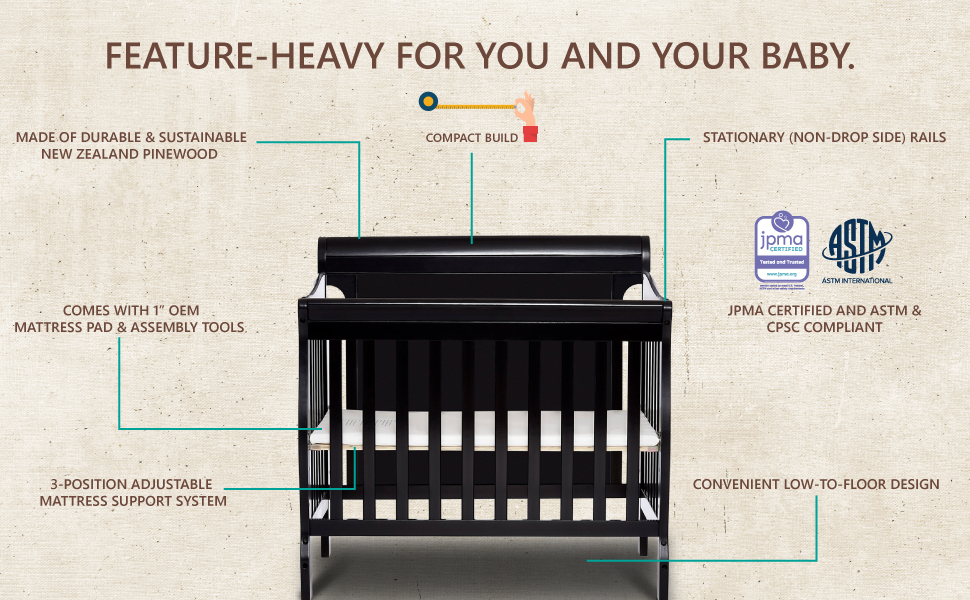 Safe, Certified, pine wood, adjustable height crib