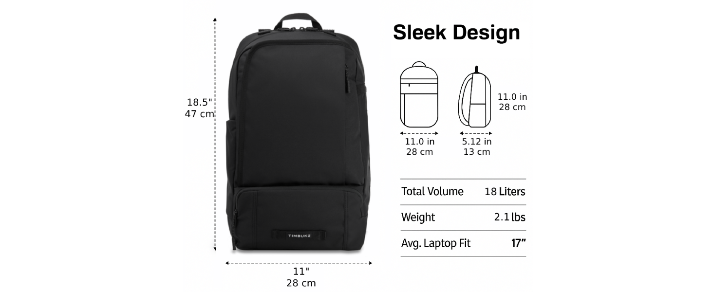 Black Timbuk2 laptop sleek design 18.5 x 11 x 5.12 inches, fits 17-inch laptop, 18-liter volume.