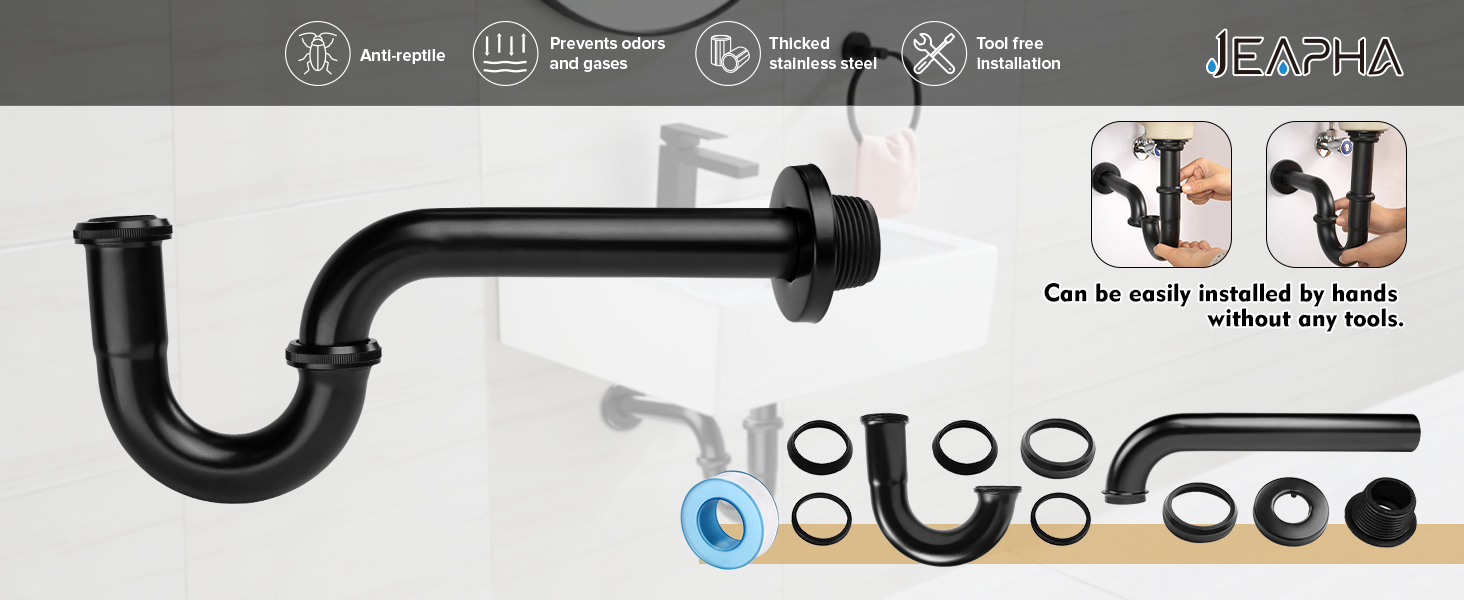 JEAPHA Stainless Steel PTrap 1 1/4 Inch Bathroom Basin Sink Waste