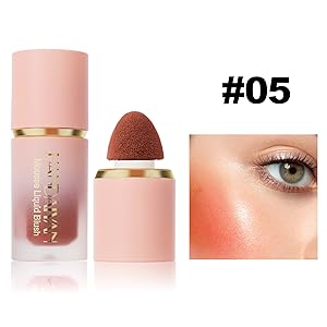 Pink-toned liquid blush set marked #05, featuring a glass bottle with gold trim and matching applicator with brown sponge tip. Includes swatch showing peachy-pink color result.