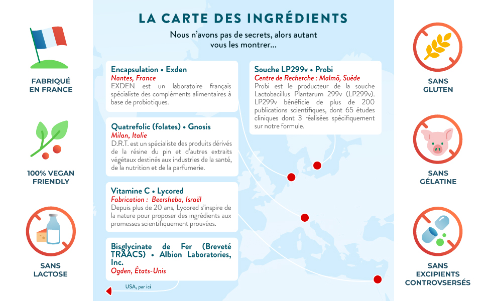 en français sur fond bleu montrant diverses icônes et certifications alimentaires, y compris les indicateurs « sans lactose » et « adapté aux végétaliens »
