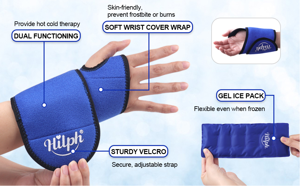 Hilph®Wrist Ice Pack Wrap for Pain Relief, Reusable Wrist Support Brace with Gel Pack Hot & Cold