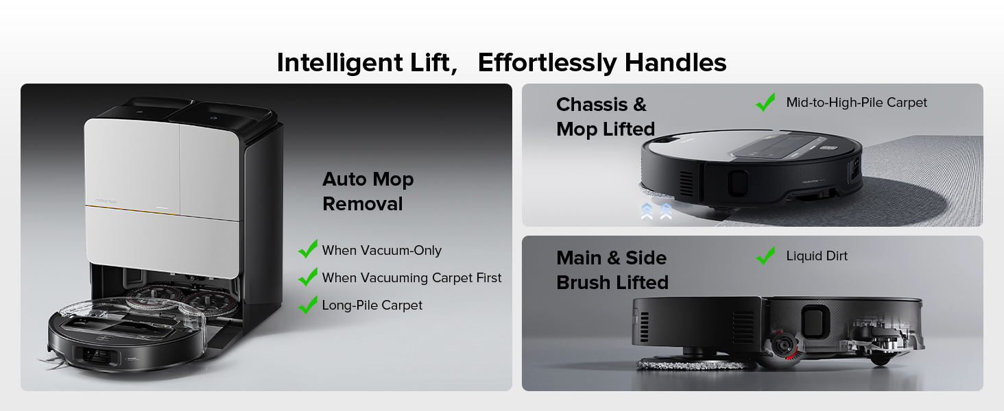 Robot vacuum cleaner with self-emptying base station. Features include intelligent lift, auto mop removal, chassis and mop lifting, main and side brush lifting, and obstacle avoidance sensors.