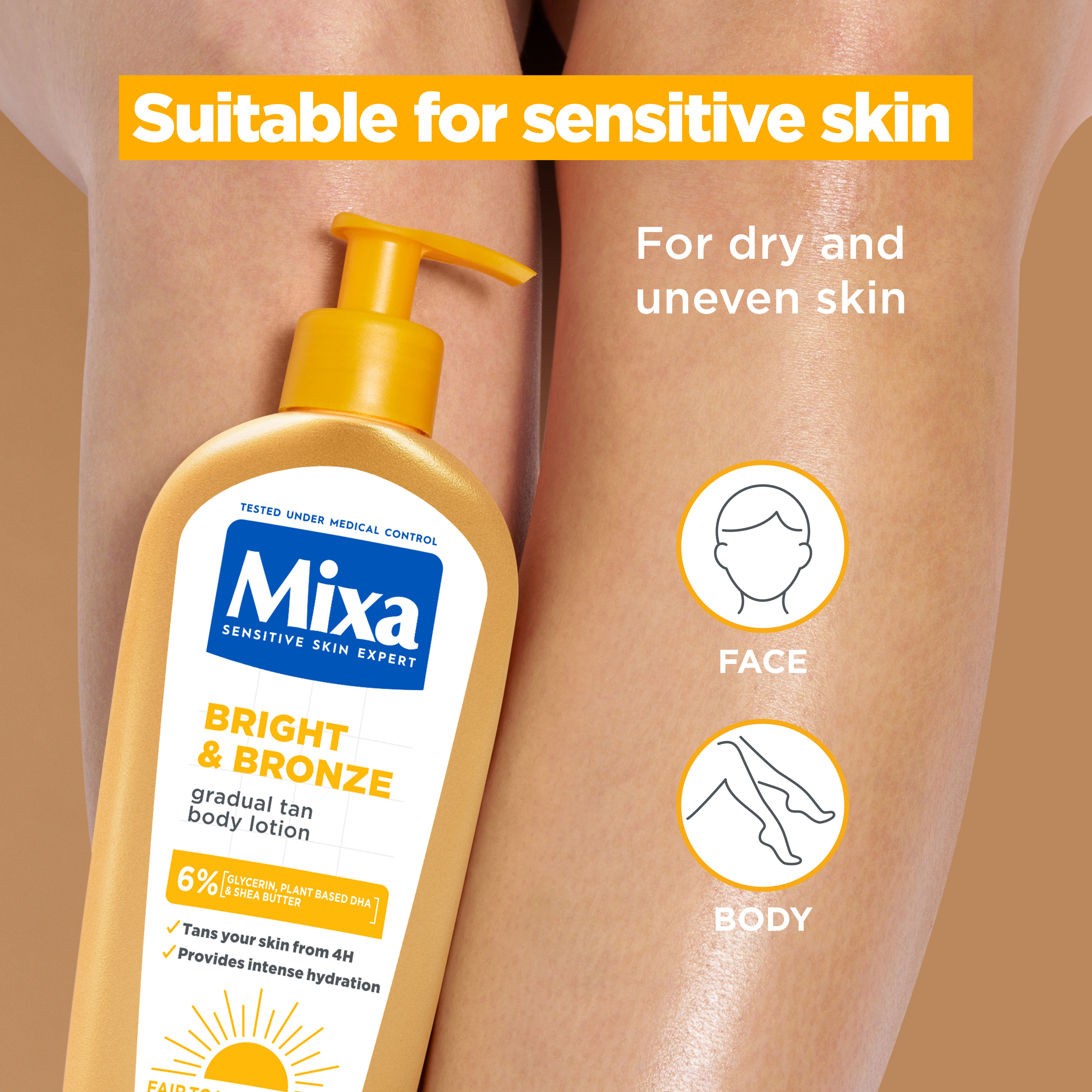 Text reads "Suitable for sensitive skin", "For dry and uneven skin", "Mixa", "BRIGHT &amp; BRONZE", "FACE", "BODY". Mixa sunscreen bottle with SPF protection displayed on skin tone background showing application areas.