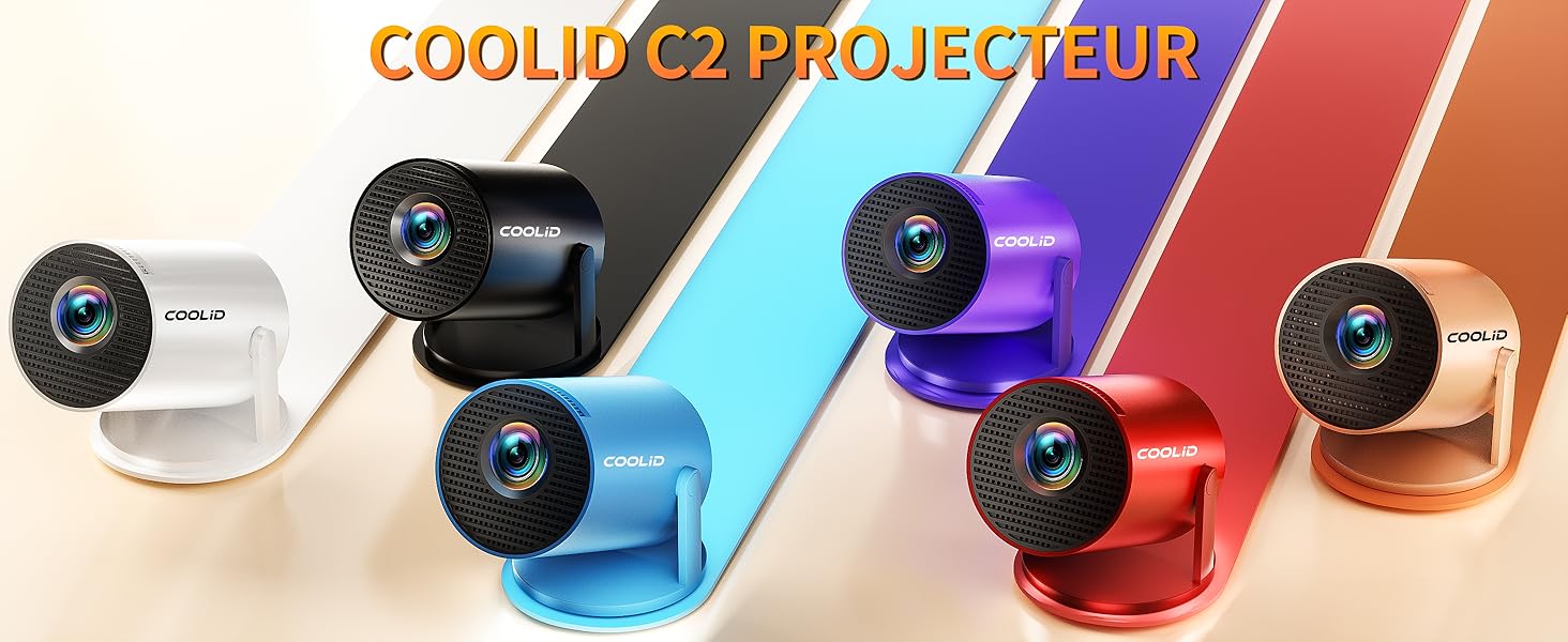 Le texte indique « COOLINEO PROJECTEUR ». Gamme de produits comprenant plusieurs mini-projecteurs colorés disposés en diagonale sur un fond dégradé.