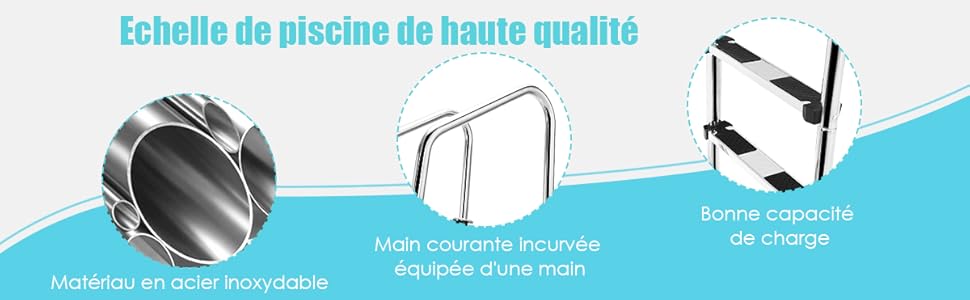 COSTWAY Échelle De Piscine à 3 Niveaux 147cm En Acier Inoxydable Avec Marches Antidérapantes Et Mains Courantes Confortables 13 1