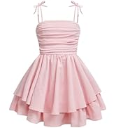 WDIRARA Toddler Girl's Bow Tie Shoulder Layered Ruffle Cami Dress Ruched Swing Short Dresses