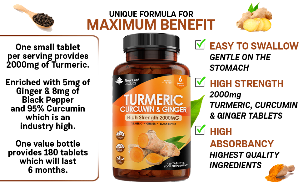 Turmeric Tablets 2000mg with Black Pepper & Ginger (6 Month Supply) 95