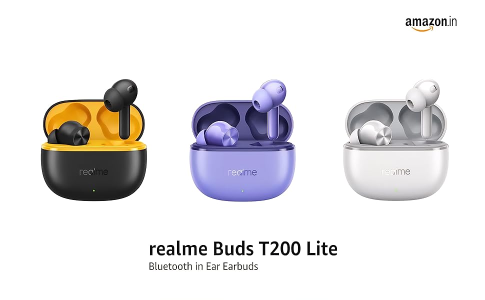 realme Buds T200 Lite TWS earbuds lineup in Black-Yellow, Purple and White with open cases
