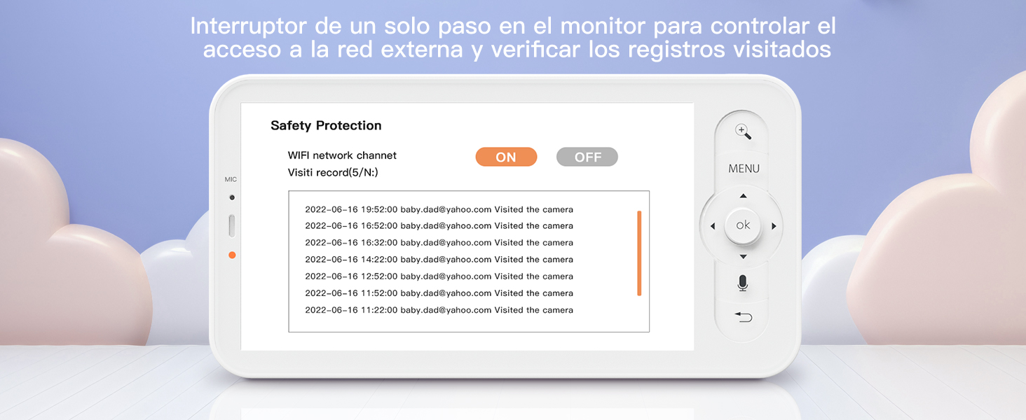 Um dispositivo retangular branco com uma tela que exibe texto e dados. Possui botões e um teclado direcional. É usado para monitorar o acesso e visualizar os registros visitados.