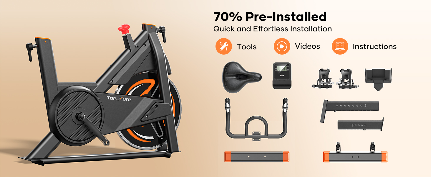 Text reads '70% Pre-installed'. Exercise bike setup with accessories including seat, pedals, handlebars, and installation tools shown in product layout