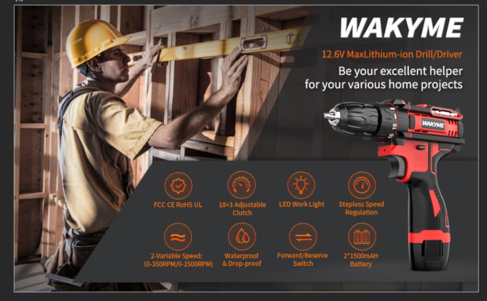 WAKYME 12.6V Cordless Drill Driver, Power Drill 30Nm, 18+3 Clutch, 3/8