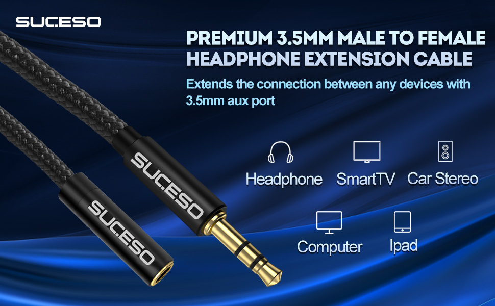 SUCESO Headphone Extension Cable 2M Aux Stereo Jack Lead 3.5mm Male to