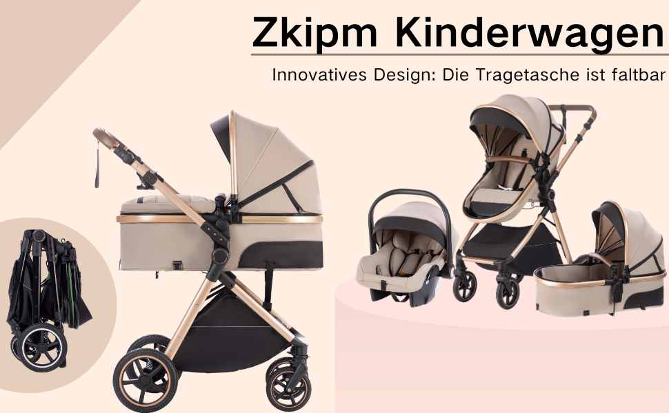 Text reads 'Zkipm Kinderwagen'. Multiple views of modern baby stroller in various configurations, showing different angles and folding positions against pink background.