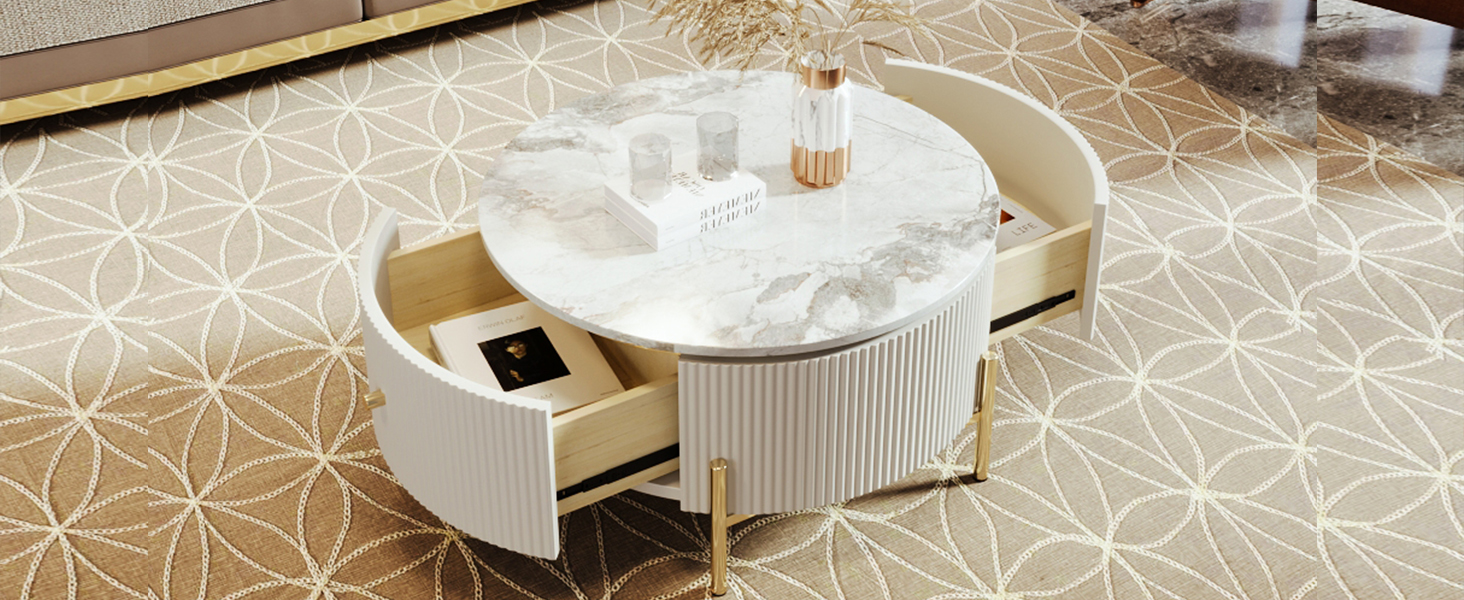 Black Round Coffee Table with Storage Drawers Gold Leg Faux