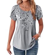Zeagoo Womens Tops Petal Short Sleeve Summer Casual Crew Neck Shirts Floral Solid Blouse Pleated ...