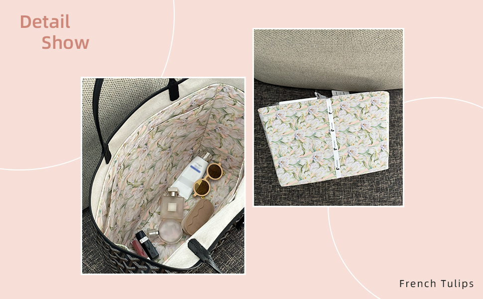 Split image showing interior of floral patterned bag with white lining and detachable pouch. Text 'Detail Show' and 'French Tulips' visible.