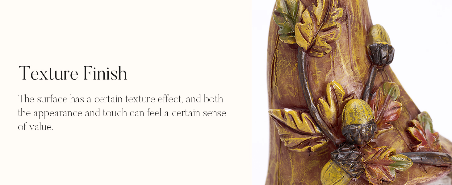 Decorative wooden object with textured surface, featuring carved and painted autumn leaves and acorns. Text describes the 'Texture Finish' effect on the surface.
