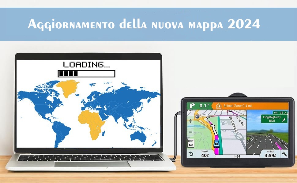 Laptop and GPS device on wooden surface. Laptop displays world map with loading bar, GPS shows navigation interface. Text mentions 2024 map update in Italian.