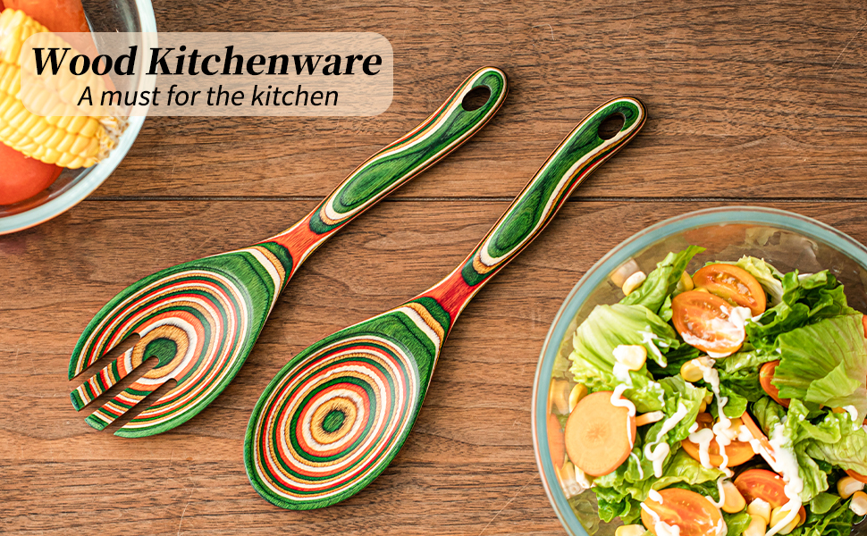 Long handle pakkawood cooking spoon, 10.5 inch Salad Tongs including Mixing salad Fork and Spoon