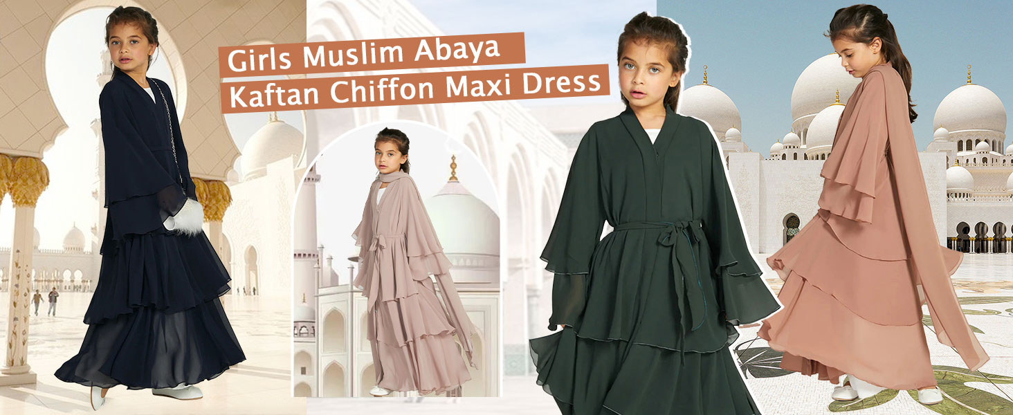 Chiffon layered Open Abaya Dubai Kaftan Muslim Cardigan Abayas Dresses For Girls