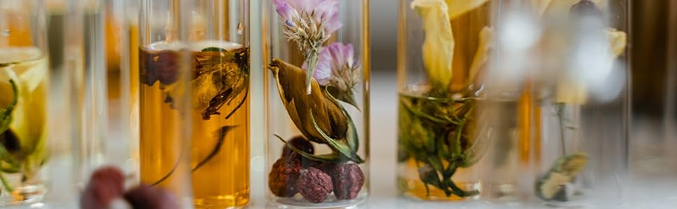 Flaconcini di vetro multipli contenenti liquidi colorati ed elementi botanici, tra cui fiori, frutta ed erbe, disposti in fila