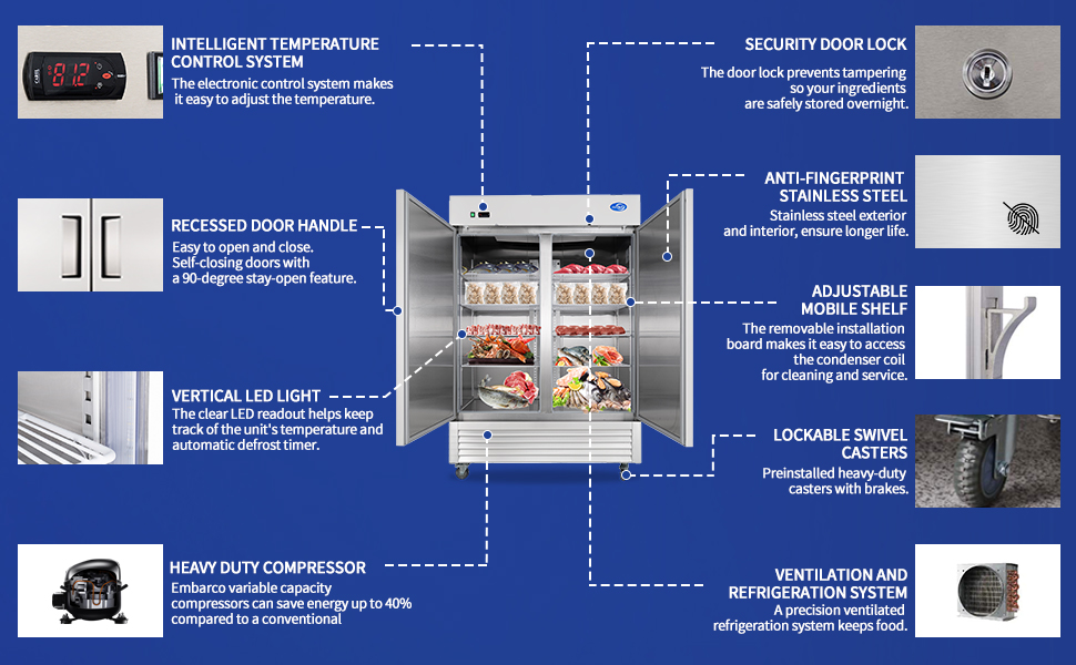 kalifon 54" Commercial Refrigerator with 2 Solid Door, 49