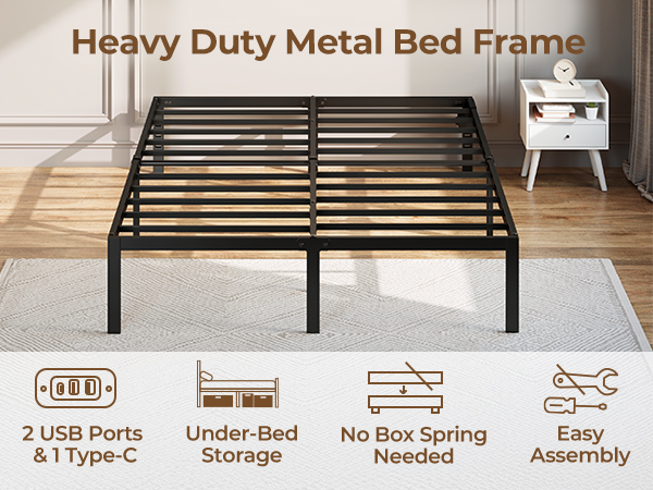 ダブル ブラック ステーションベッド Rolanstar Twin Bed Frame with Built-in USB Charging Station
