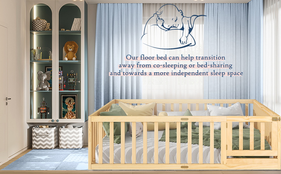 Tatub Queen Floor Bed with Safety Guardrails and Door