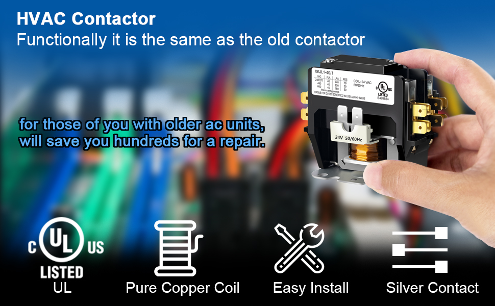 HVAC Contactor, 1Pole FLA 40 Amp Coil 24Volt AC Contactor, HN51KC024