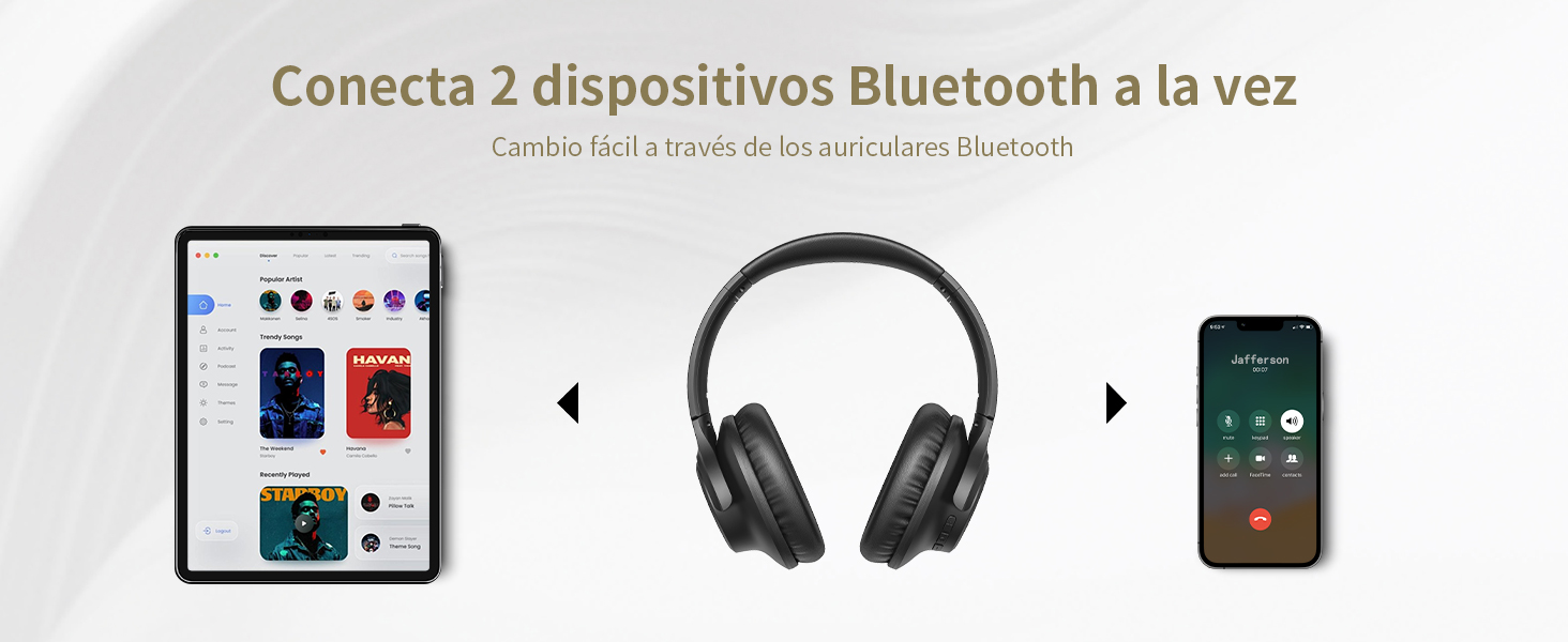 entre una tableta y un teléfono inteligente, que demuestran la conectividad Bluetooth. El texto en español describe la conexión simultánea de dos dispositivos a través de los auriculares.