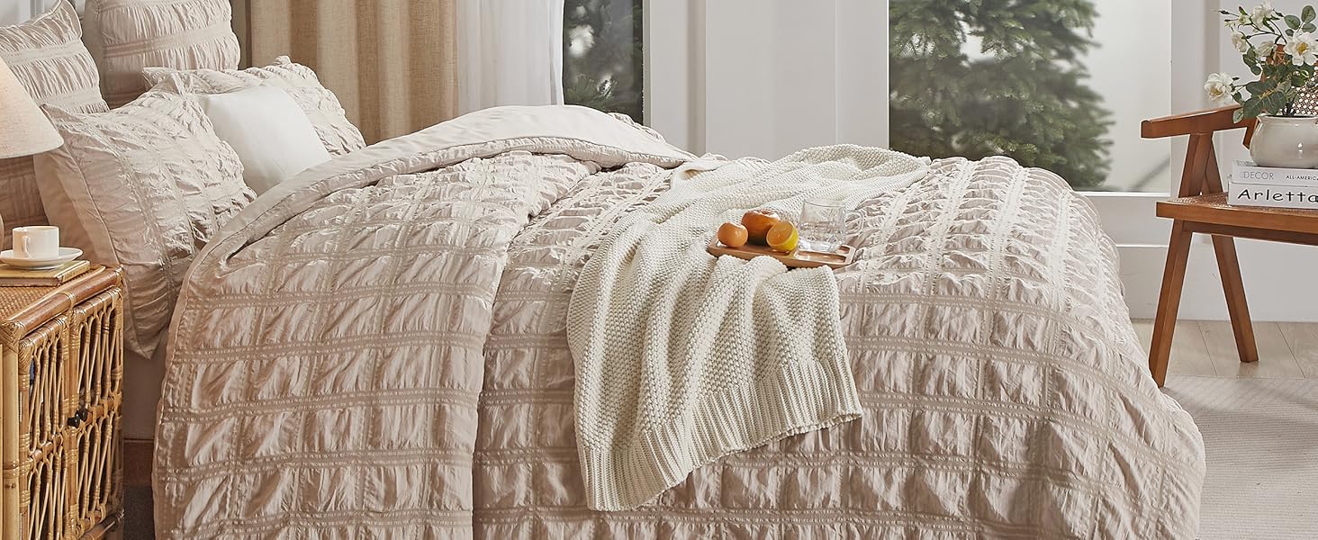 Luofanfei Seersucker Kühlende Sommer Bettwäsche beige khaki 135x200 Gestreiftes Karierte uni 