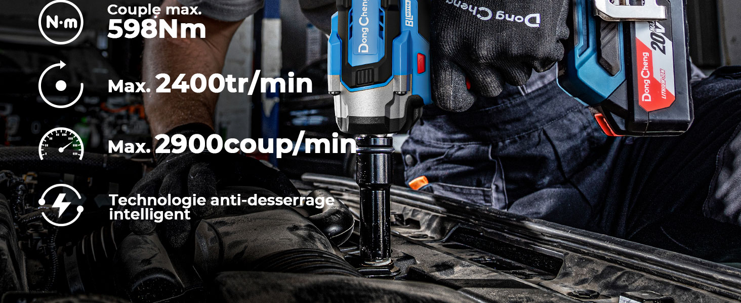 Le texte se lit comme suit : « 598 Nm », « Max.2400 tr/min », « Max.2900Coup/min », « Technologie anti-démarrage intelligente ». Affichage des spécifications techniques sur fond sombre montrant diverses mesures de performance.