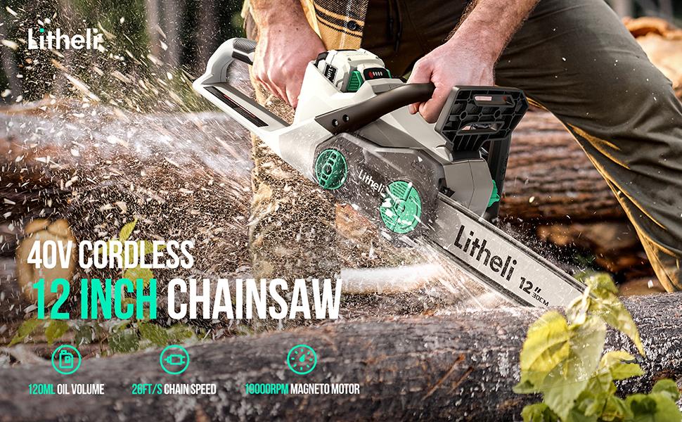 Litheli Battery Chainsaw 12", 40V Cordless Chainsaw, Chain