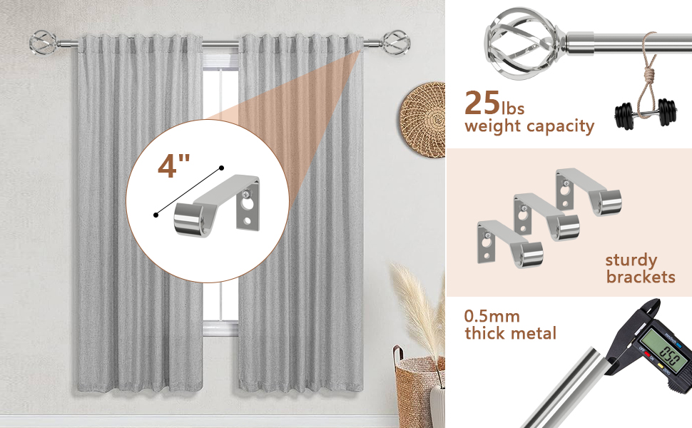 Silver Curtain Rods for Windows 48 to 84 inch with Twisted