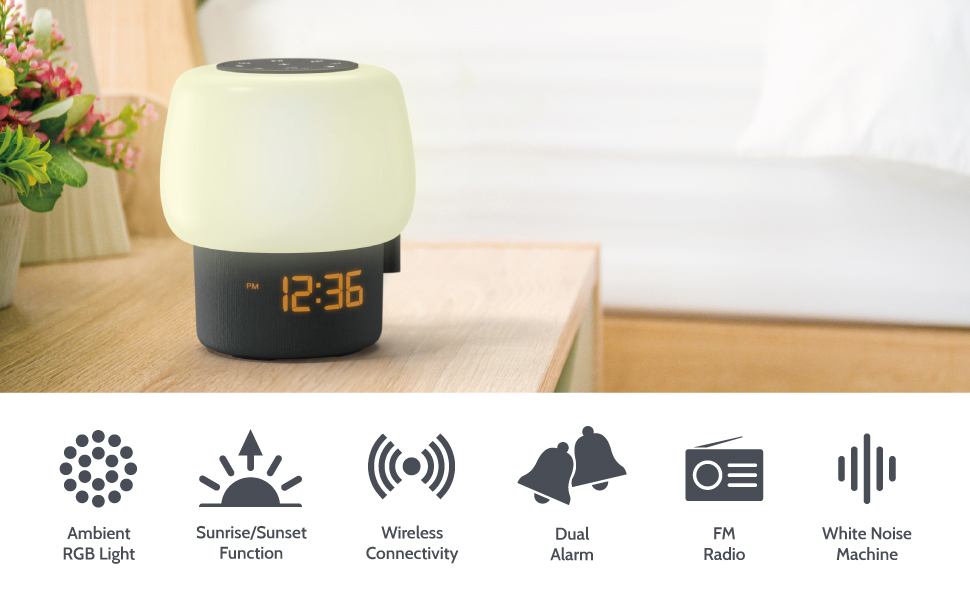 Bedside Lamp Alarm Clock Radio with Bluetooth Speaker & USB Charger