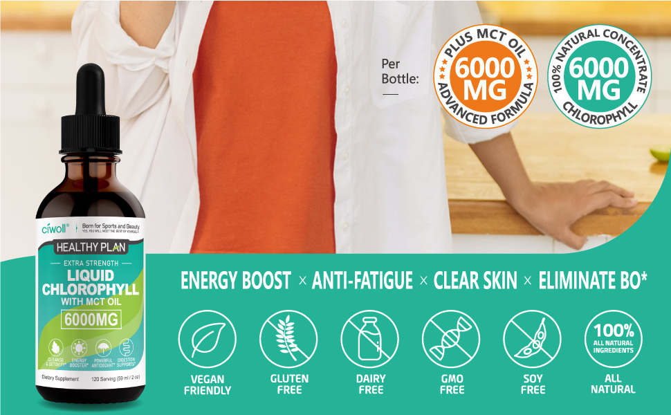 3 Bottles Liquid Chlorophyll Drops with MCT Oil Energy