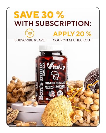30% discount with subscription lion's mane supplement bottle, 2 beige capsules, mushrooms