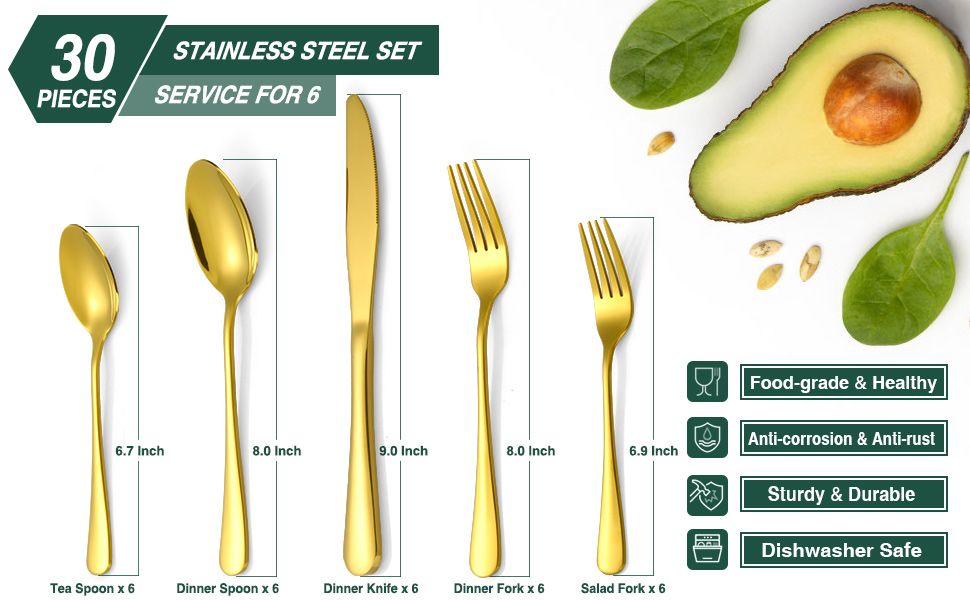 30Piece Gold Silverware Set, Blingco Gold Flatware Set for