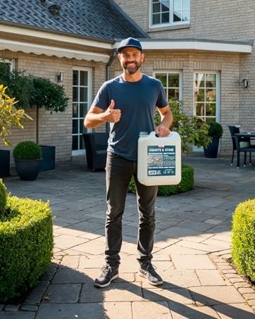 Zusteller steht auf einer gepflasterten Auffahrt vor einem Vorstadthaus und hält eine weiße Liefertasche in der Hand.