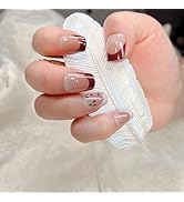 French Press on Nails Short Square Fake Nails Red Acrylic Nails Light Gel False Nails with Design...