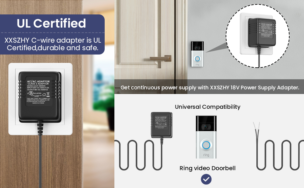 XXSZHY 18V UL Listed Power Adapter, for Video Doorbell Power Supply for