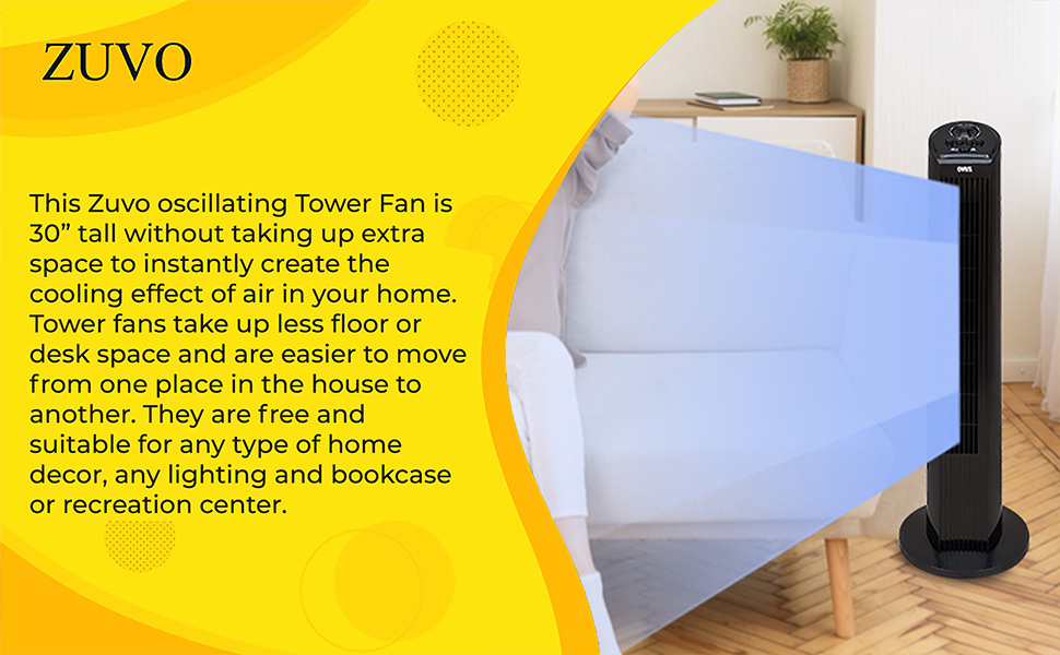 Zuvo 30" Oscillating Tower Fan, 3 Speed Setting Bladeless Portable Fan