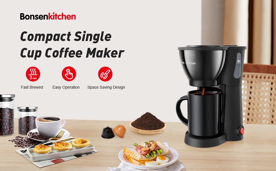 Bonsenkitchen Mini Coffee Maker with Ceramics Mug, Compact