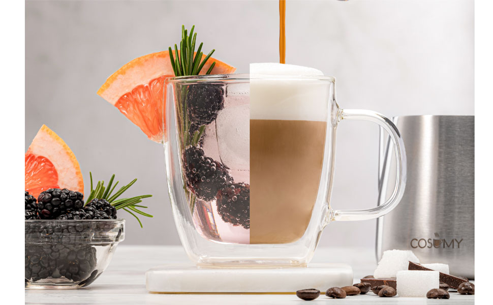 Cosumy Double Walled Glass Cappuccino Coffee - Set of 4 Handled Cups 250ml - Keep The Temperature Longer - Protect Your Hands 11 HGH