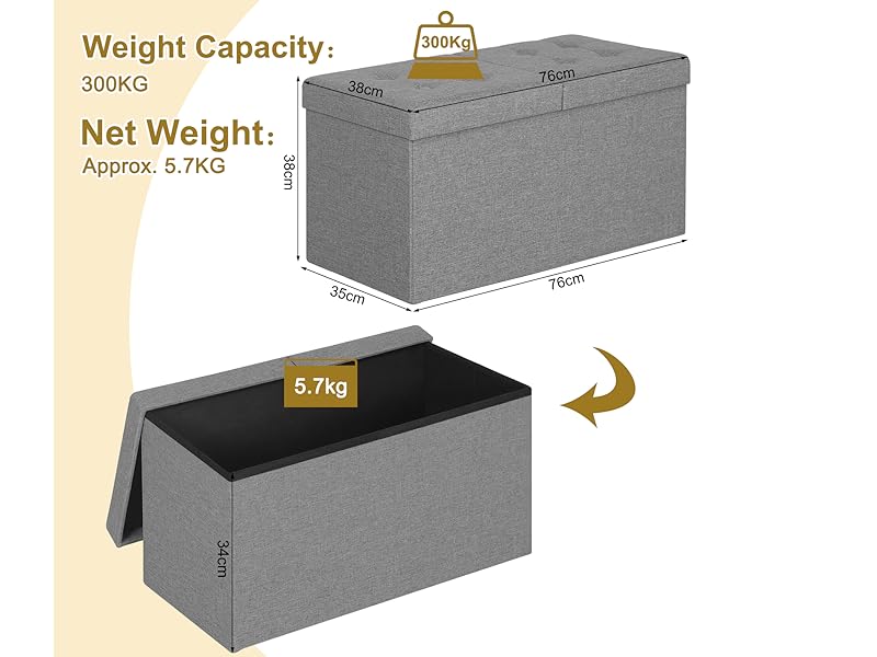 WOLTU Pouf Contenitore. Cassapanca Poggiapiedi Pieghevole Da 80L Con Coperchio Rimovibile. Panca Contenitore In Lino Oxford. Seduta Imbottita. 76x38x38cm. Grigio Chiaro 17 1