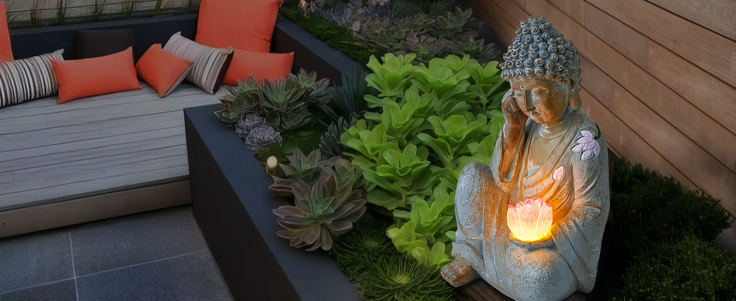 Thumok Solar Buddha Statue Outdoor with Lotus Flower Light