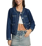 D-Sun Women Cropped Denim Jacket Crewneck Button Down Long Sleeves Collarless Short Jean Jacket V...